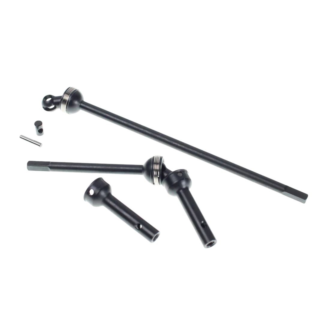 Set of black metal drive shafts on a white background