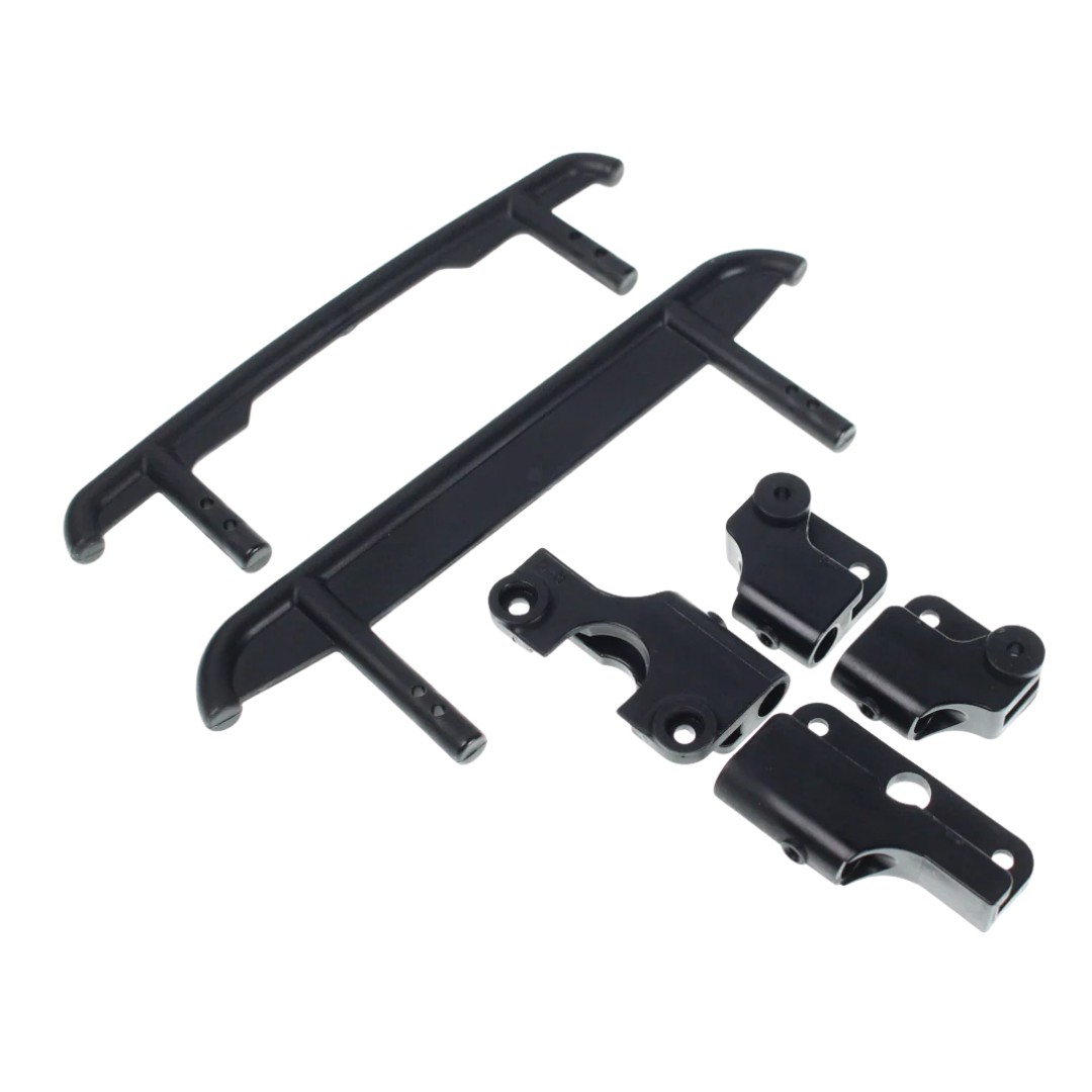Set of black bumpers and mounts on a white background