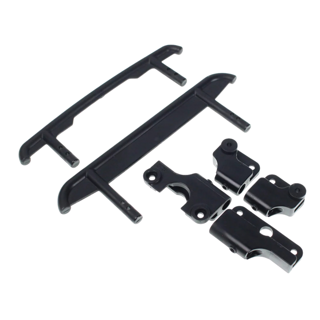 Set of black bumpers and mounts on a white background