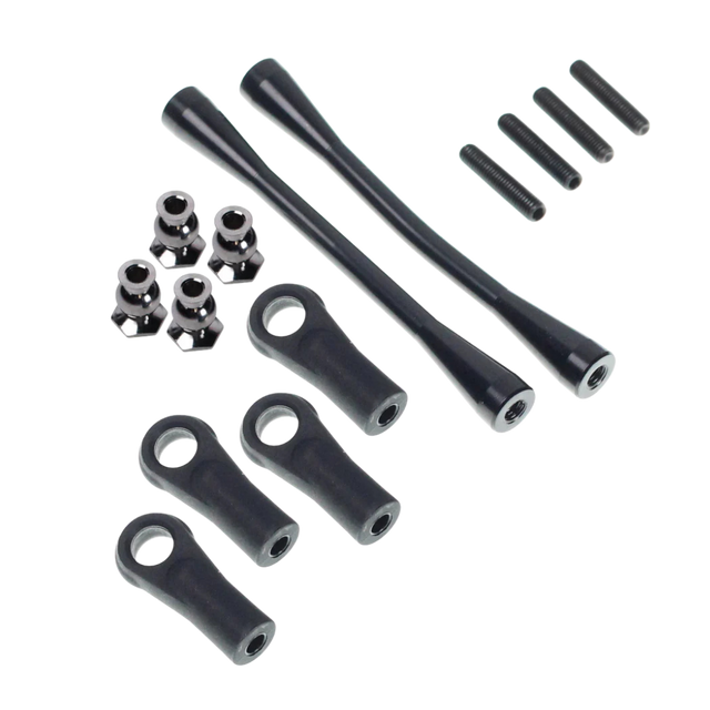 Set of black metal rod and connector components on a white background