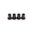 Four black cylindrical metal bushings on a white background