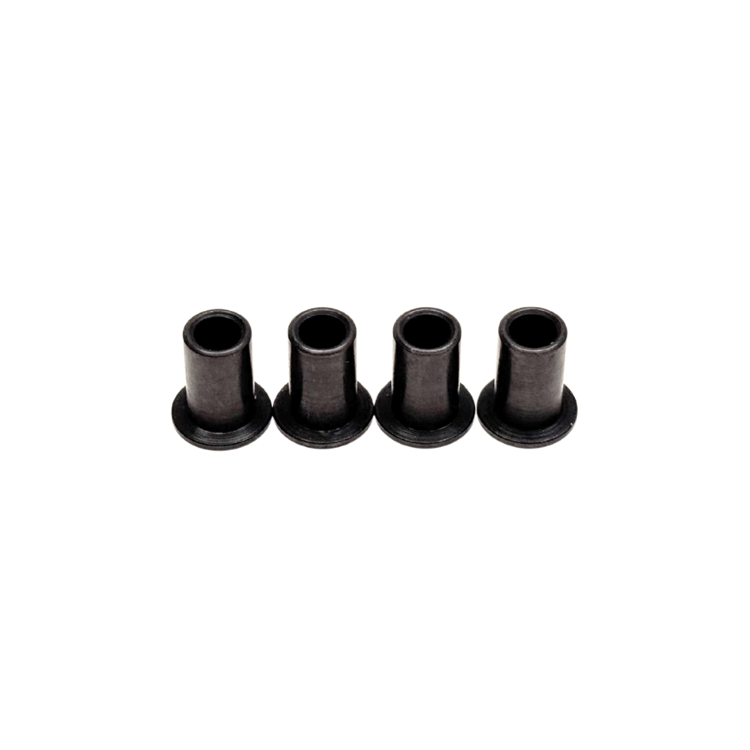 Four black cylindrical metal bushings on a white background