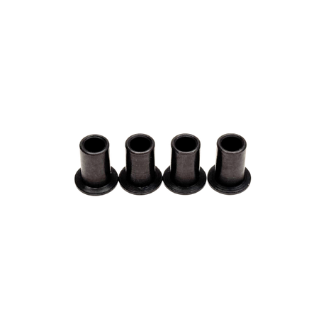 Four black cylindrical metal bushings on a white background