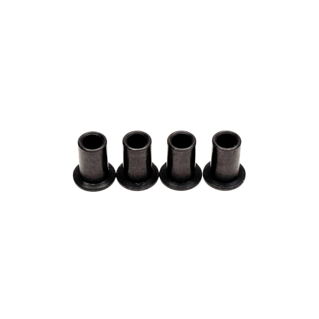 Four black cylindrical metal bushings on a white background
