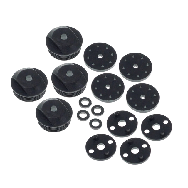 Set of black mechanical components on a white background