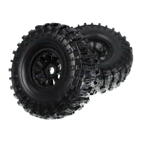 Two black off-road tires with tread patterns on a white background