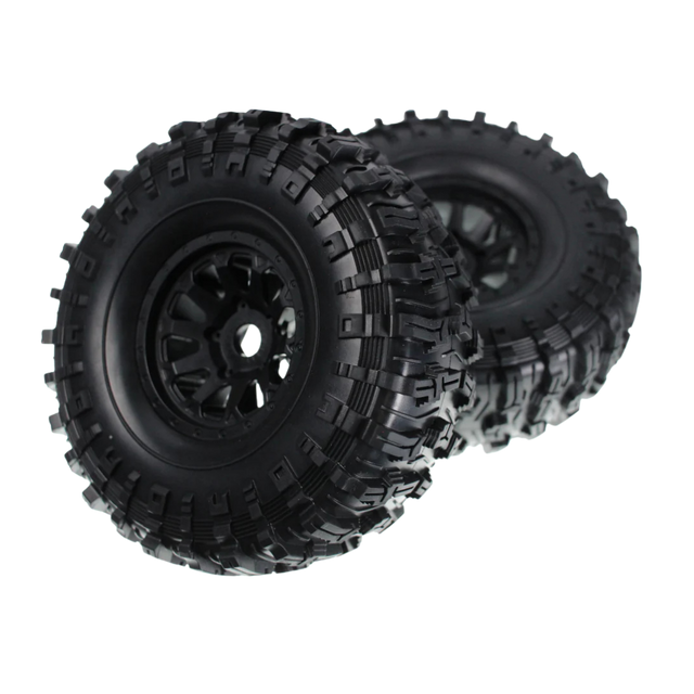 Two black off-road tires with tread patterns on a white background
