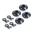 Set of plastic mechanical components on a white background