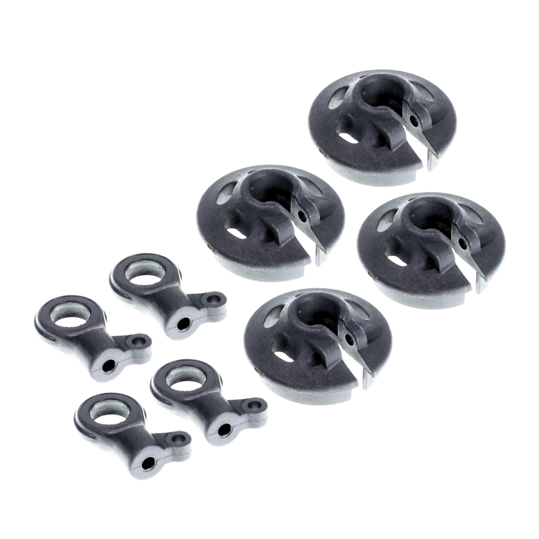 Set of plastic mechanical components on a white background
