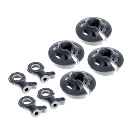 Set of plastic mechanical components on a white background