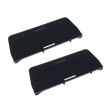 Two black plastic components with branding on a white background