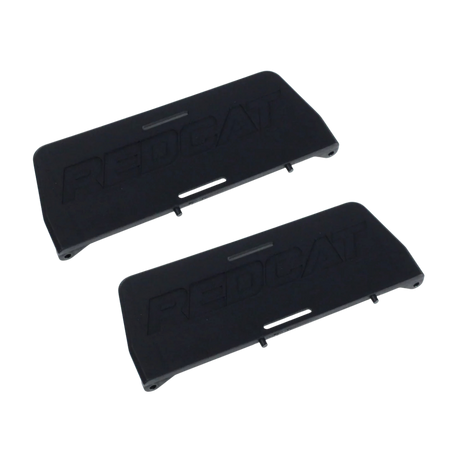 Two black plastic components with branding on a white background
