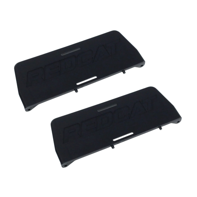 Two black plastic components with branding on a white background