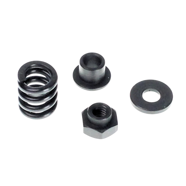 Set of black mechanical components on a white background