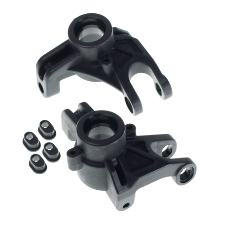 Two black mechanical parts with small nuts on a white background