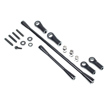 Set of black metal rods and components on a white background