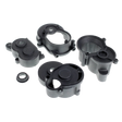 Set of black mechanical components on a white background