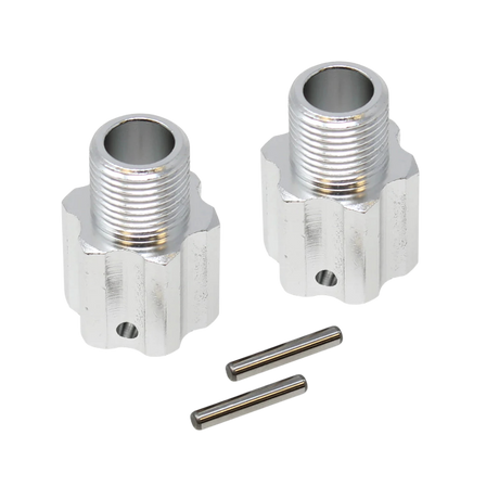Two metallic connectors with additional parts on a white background