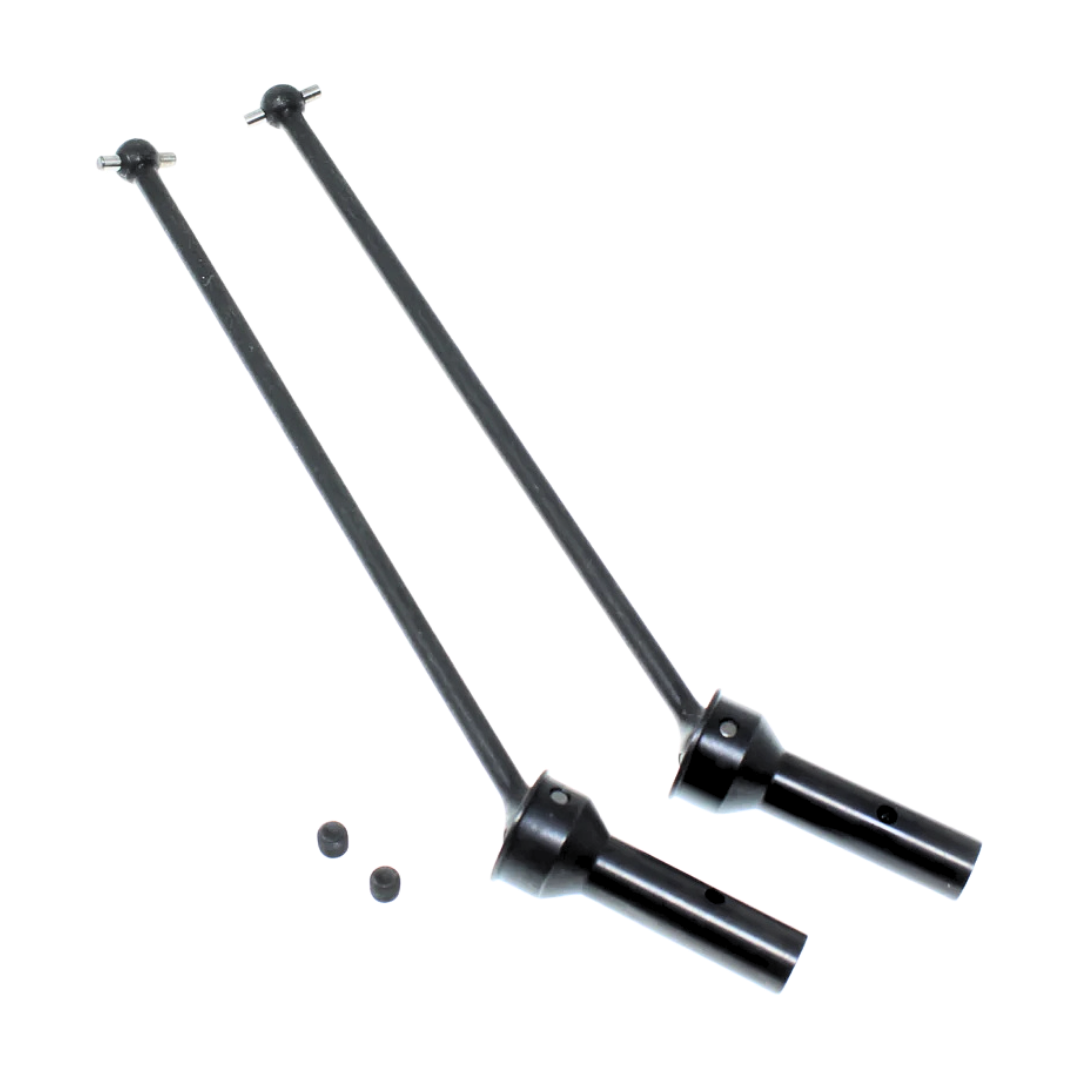 Two black metal driveshafts with connectors on a white background