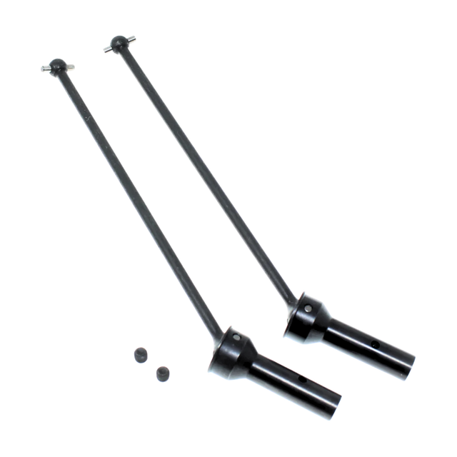 Two black metal driveshafts with connectors on a white background