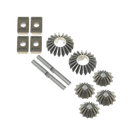 Set of mechanical gears and components on a white background
