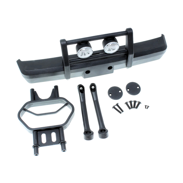 Set of black vehicle bumper components on a white background