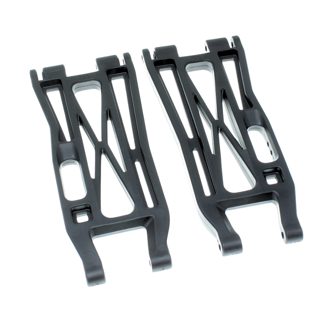 Two black plastic suspension links on a white background