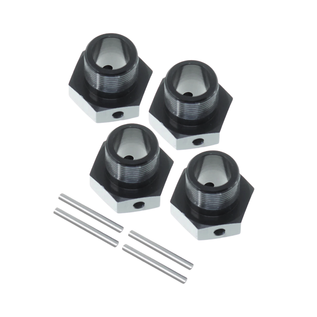Four metal knobs with threaded shafts on a white background