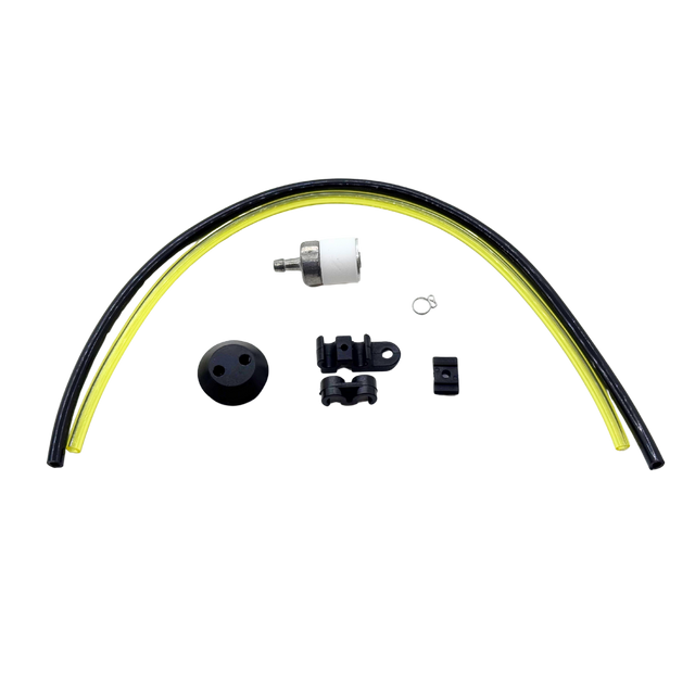 Set of mechanical parts including a black and yellow tube, connectors, and caps on a white background