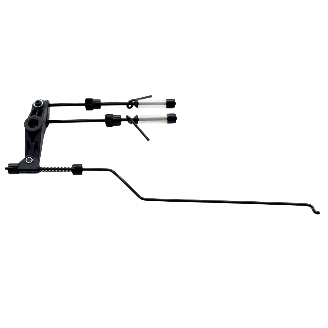 Black metal rod with adjustable components on a white background