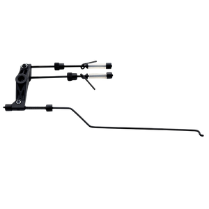 Black metal rod with adjustable components on a white background