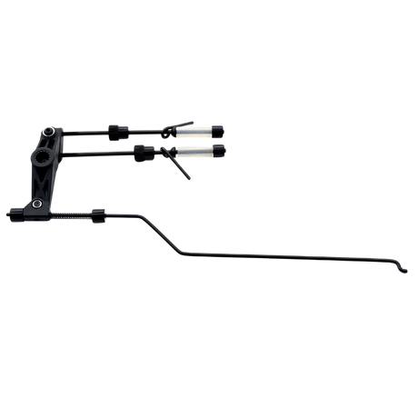 Black metal rod with adjustable components on a white background