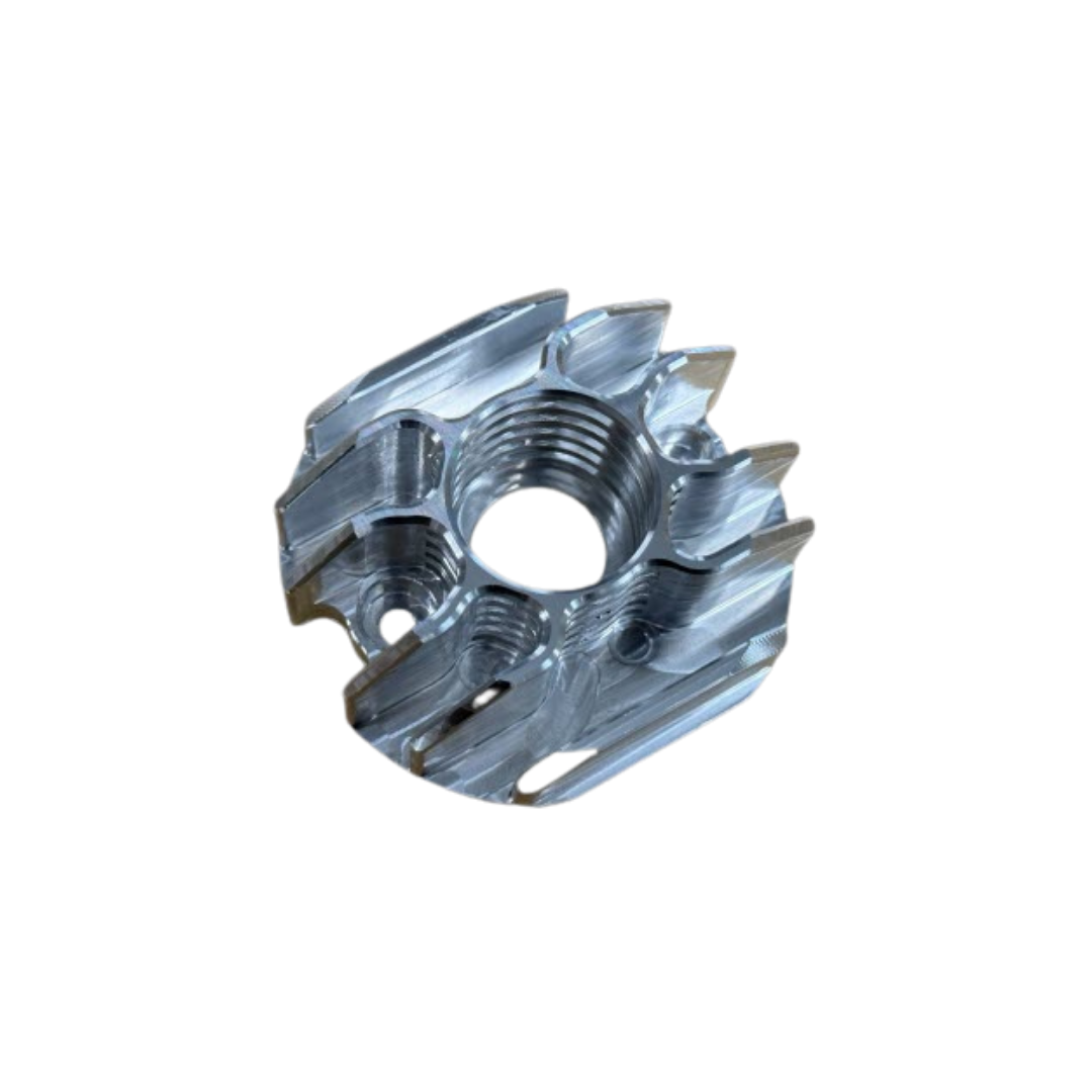 Top view of the RV-Racing RVCH aluminium cooling head showing the cooling fins and mounting holes