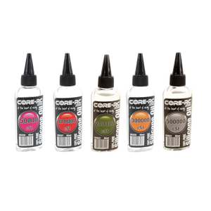 Five bottles of Core RC silicone oil with different viscosity labels on a white background