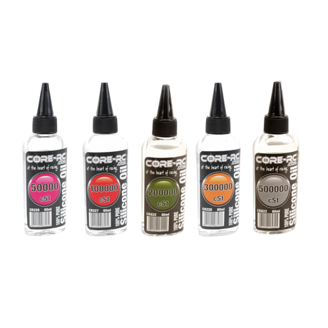 Five bottles of Core RC silicone oil with different viscosity labels on a white background