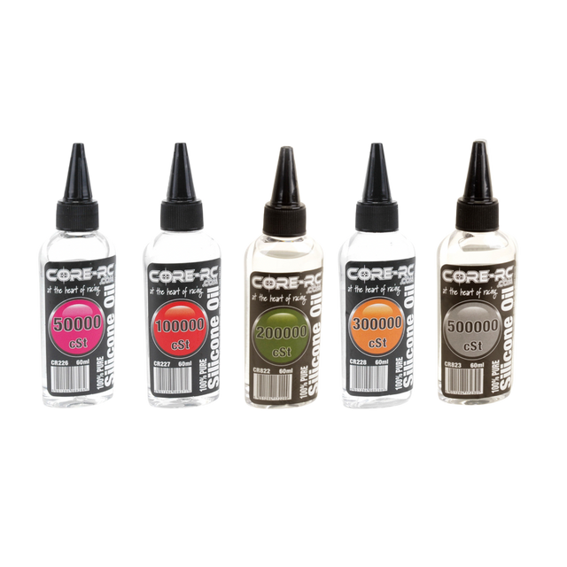 Five bottles of Core RC silicone oil with different viscosity labels on a white background
