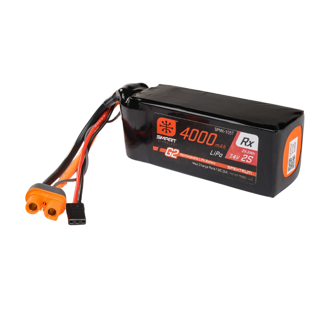 Spektrum Smart G2 4000mAh 2S 15C Rx LiPo battery shown at an angle with IC3 and receiver connectors
