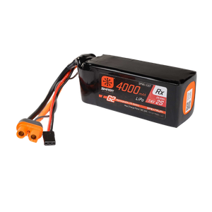 Spektrum Smart G2 4000mAh 2S 15C Rx LiPo battery shown at an angle with IC3 and receiver connectors