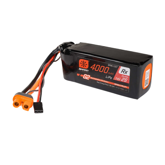 Spektrum Smart G2 4000mAh 2S 15C Rx LiPo battery shown at an angle with IC3 and receiver connectors