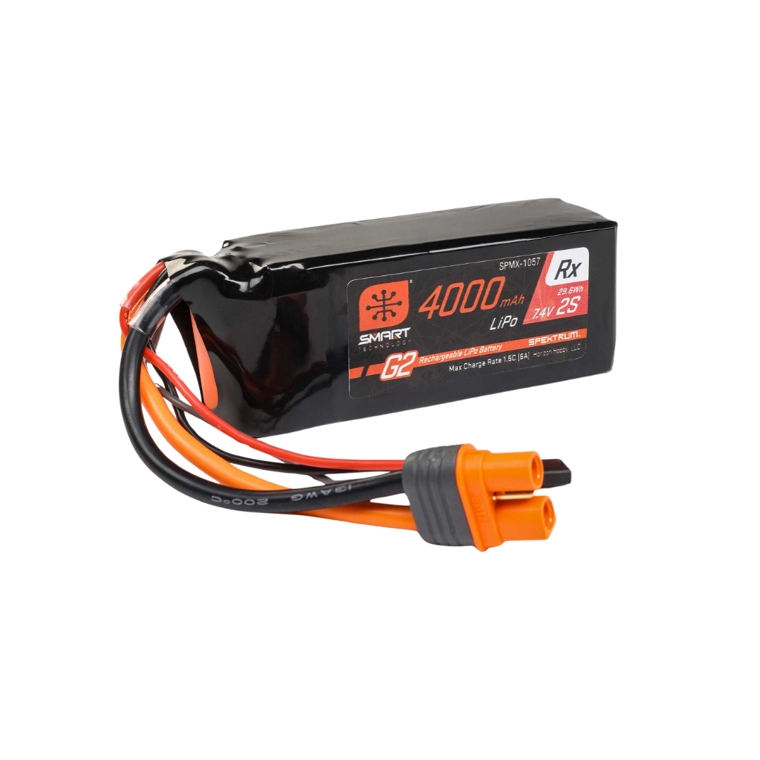 Spektrum Smart G2 4000mAh 2S 15C Rx LiPo battery front label view with wires curled forward