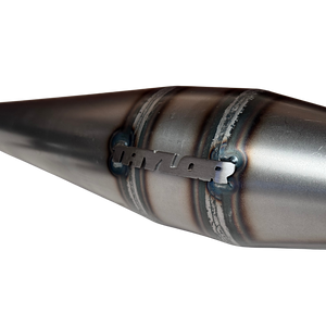 Close-up of Taylor logo tag welded onto 40-50cc Vesla side exhaust pipe