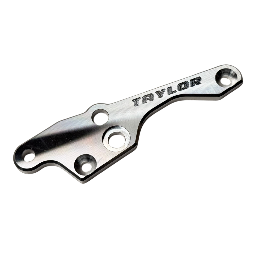 Taylor 70cc twin RH engine brace, raw silver aluminium, shown at an angle with engraved Taylor logo