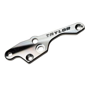Taylor 70cc twin RH engine brace, raw silver aluminium, shown at an angle with engraved Taylor logo