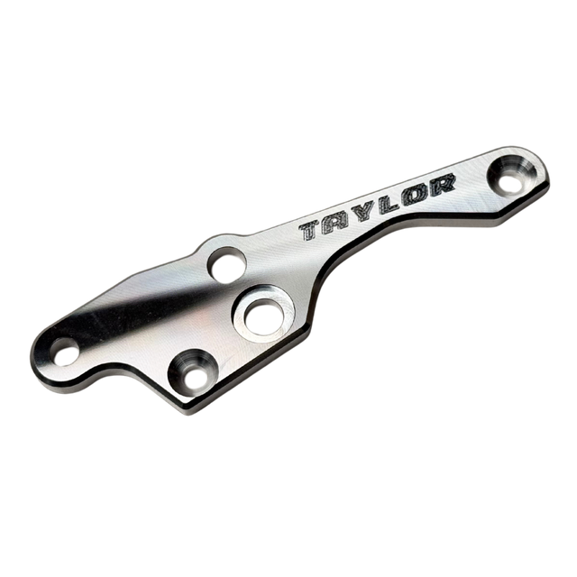 Taylor 70cc twin RH engine brace, raw silver aluminium, shown at an angle with engraved Taylor logo