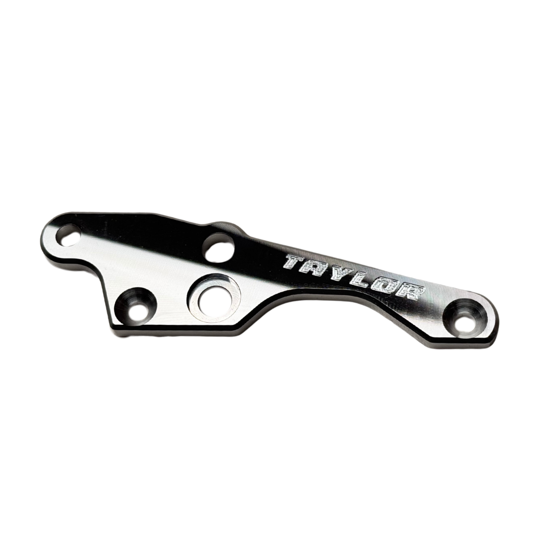 Top-down view of Taylor 70cc twin RH engine brace in raw silver aluminium with engraved Taylor logo