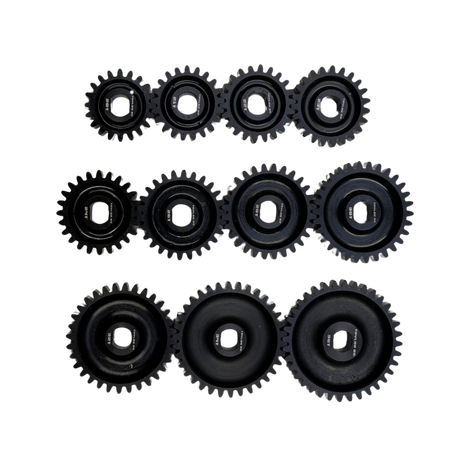 Taylor RC Blackbone pinion gears for Losi 5ive, 5T 2.0 and MCD, full set from 20T to 36T in black, laid out in three rows