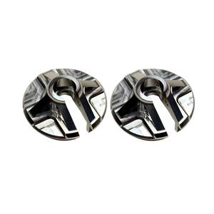 Taylor Losi 5IVE-T 3.0 billet shock perch set of 2 in raw silver, top view showing the CNC machined three-spoke design and slotted centre