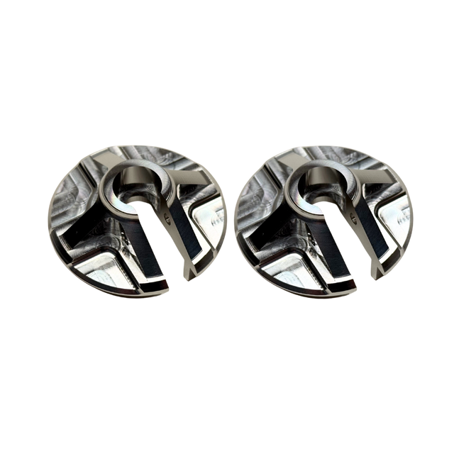Taylor Losi 5IVE-T 3.0 billet shock perch set of 2 in raw silver, top view showing the CNC machined three-spoke design and slotted centre