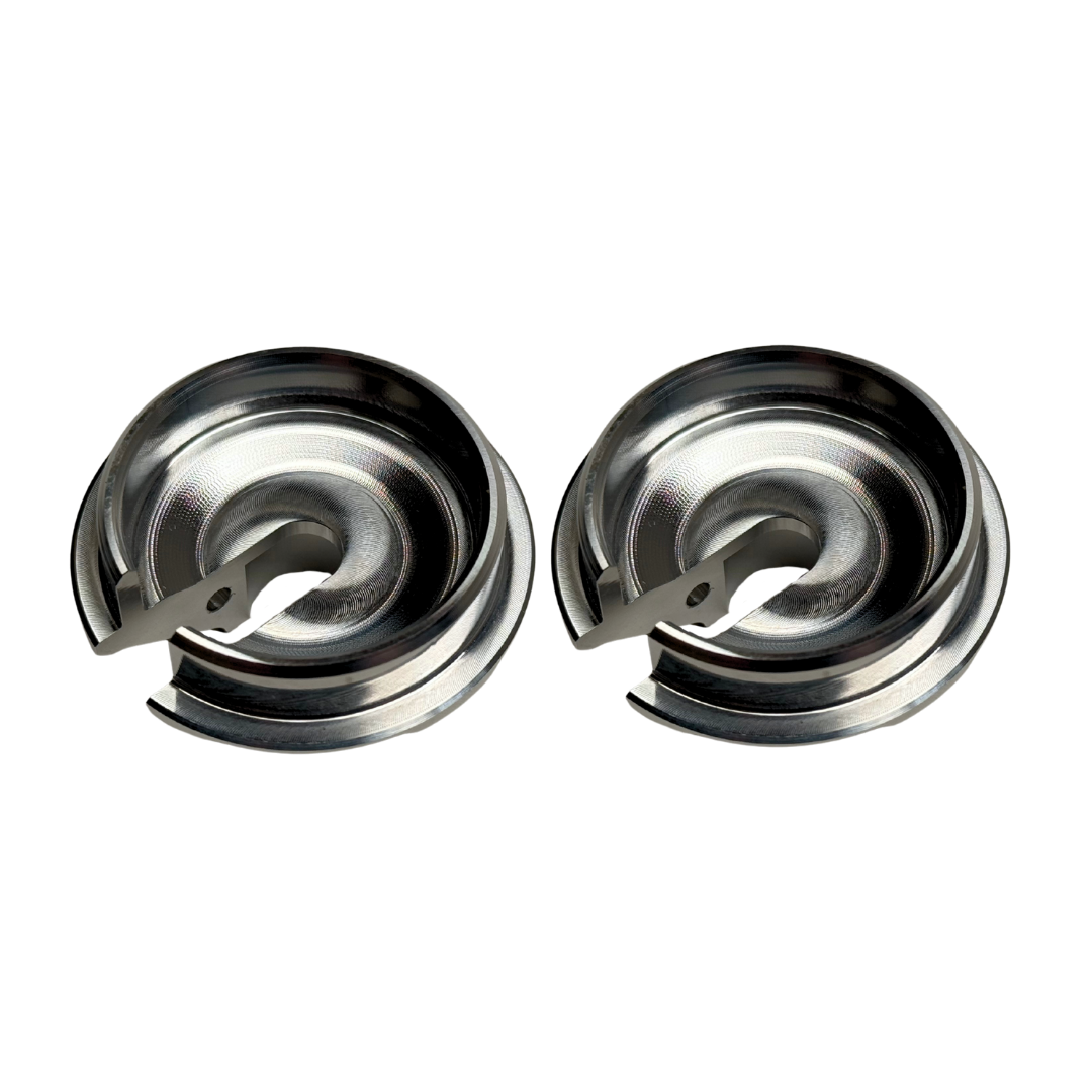 Taylor Losi 5IVE-T 3.0 billet shock perch set of 2, underside view showing the machined spring seat and slotted opening
