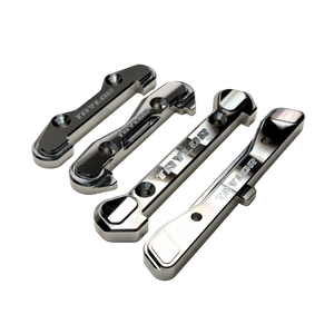 Taylor Losi 5T, 5IVE 2.0 and 5IVE-TG 3.0 raw silver billet 7075 hinge pin brace set, all four braces together showing the engraved Taylor logo and countersunk screw holes